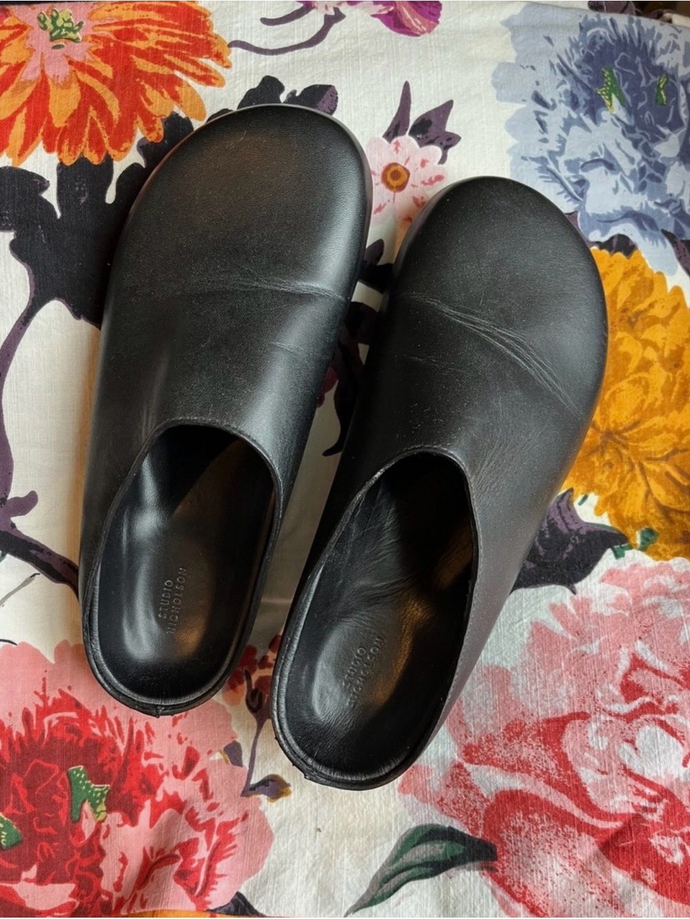 Women's Black Leather Slip-On Mules Size 38